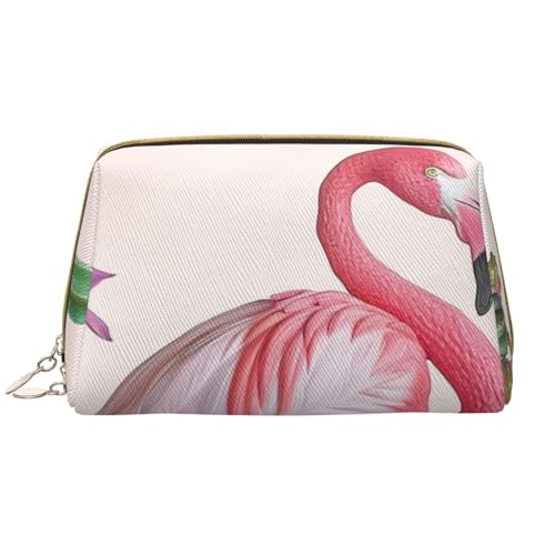 Make-up-Tasche mit Flamingo-Sukkulenten-Motiv, für Damen, tragbar, Leder, Reise-Kosmetiktasche, mit Reißverschluss, weiß, Einheitsgröße, Kosmetiktasche von BNVSADC