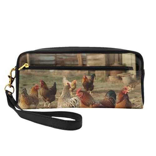 Make-up-Tasche mit Handschlaufe, Motiv: Bauernhof-Hühner, aus Leder, tragbar, Reise-Kulturbeutel, Kosmetik-Organizer-Tasche für Damen, Schwarz , Einheitsgröße, Kosmetiktasche von BNVSADC