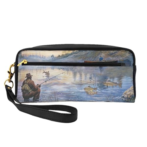 Make-up-Tasche mit Handschlaufe, Motiv: Fischersee, bedruckt, Leder, tragbar, Reise-Kulturbeutel, Kosmetik-Organizer-Tasche für Damen, Schwarz , Einheitsgröße, Kosmetiktasche von BNVSADC
