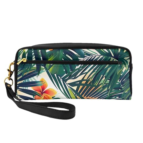 Make-up-Tasche mit Handschlaufe, Motiv: tropische Sommer, Hawaii-Blume, Palmblätter, bedrucktes Leder, tragbare Reise-Kulturbeutel, Kosmetik-Organizer-Tasche für Damen, Schwarz , Einheitsgröße von BNVSADC