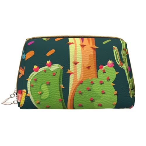 Make-up-Tasche mit Kakteen-Motiv, für Damen, tragbar, Leder, Reise-Reißverschluss, Kosmetiktasche, weiß, Einheitsgröße, Kosmetiktasche von BNVSADC