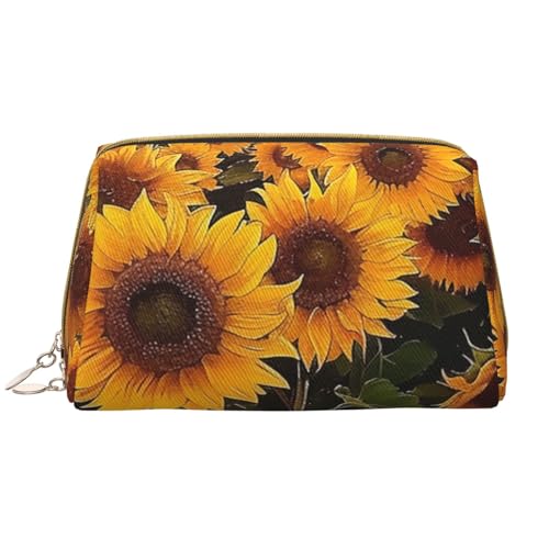 Make-up-Tasche mit Sonnenblumen-Motiv, für Damen, tragbar, Leder, Reise-Reißverschluss, Kosmetiktasche, weiß, Einheitsgröße, Kosmetiktasche von BNVSADC