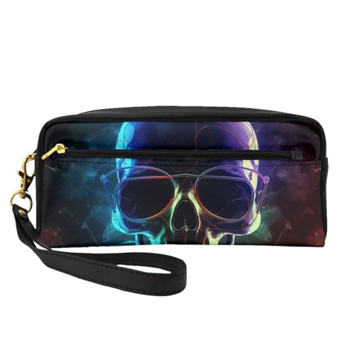 Make-up-Tasche mit Totenkopf-Motiv, Leder, mit Handschlaufe, tragbare Reise-Kulturbeutel, Kosmetik-Organizer-Tasche für Damen, Schwarz , Einheitsgröße, Kosmetiktasche von BNVSADC