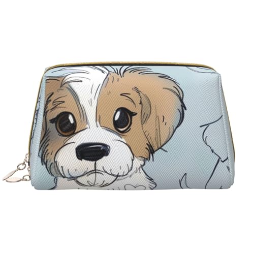 Make-up-Tasche mit Welpenkritzelei-Motiv, für Damen, tragbar, Leder, Reise-Kosmetiktasche, Organizer mit Reißverschluss, weiß, Einheitsgröße, Kosmetiktasche von BNVSADC