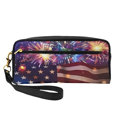 Make-up-Tasche mit amerikanischer Flagge, Motiv: Feuerwerk, 4. Juli, bedruckt, Leder, mit Handschlaufe, tragbare Reise-Kulturbeutel, Kosmetik-Organizer-Tasche für Damen, Schwarz , Einheitsgröße von BNVSADC