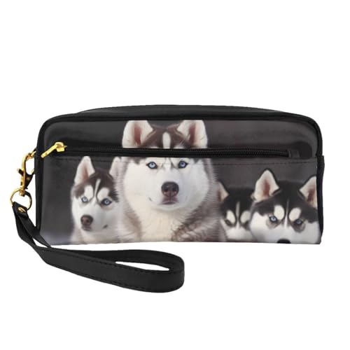 Make-up-Tasche mit hübschem Husky, bedruckt, Leder, mit Handschlaufe, tragbare Reise-Kulturbeutel, Kosmetik-Organizer-Tasche für Damen, Schwarz , Einheitsgröße, Kosmetiktasche von BNVSADC