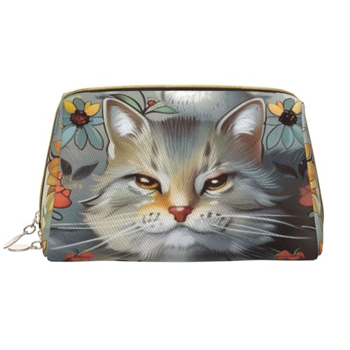 Make-up-Tasche mit lustigem Katzen- und Blumen-Motiv, tragbare Leder-Make-up-Tasche, Reise-Kosmetiktasche, Organizer mit Reißverschluss, weiß, Einheitsgröße, Kosmetiktasche von BNVSADC