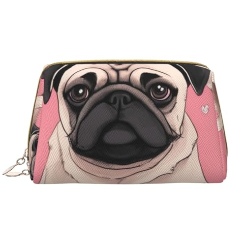 Make-up-Tasche mit niedlichem Mops-Motiv, für Damen, tragbar, Leder, Reise-Kosmetiktasche mit Reißverschluss, weiß, Einheitsgröße, Kosmetiktasche von BNVSADC