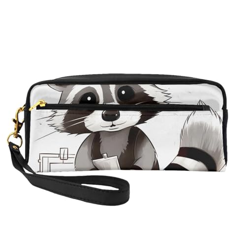 Make-up-Tasche mit niedlichem Waschbär-Motiv, Leder, mit Handschlaufe, tragbar, Reise-Kulturbeutel, Kosmetik-Organizer-Tasche für Damen, Schwarz , Einheitsgröße, Kosmetiktasche von BNVSADC