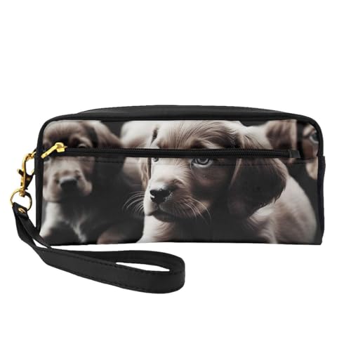 Make-up-Tasche mit niedlichem Welpen-Motiv, bedruckt, Leder, mit Handschlaufe, tragbare Reise-Kulturbeutel, Kosmetik-Organizer-Tasche für Damen, Schwarz , Einheitsgröße, Kosmetiktasche von BNVSADC