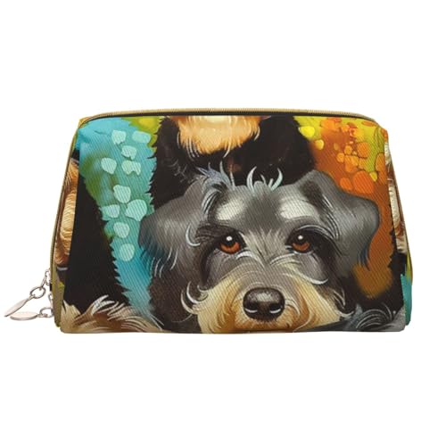 Make-up-Tasche mit süßem Schnauzer-Motiv, für Damen, tragbar, Leder, Reise-Reißverschluss, Kosmetiktasche, weiß, Einheitsgröße, Kosmetiktasche von BNVSADC