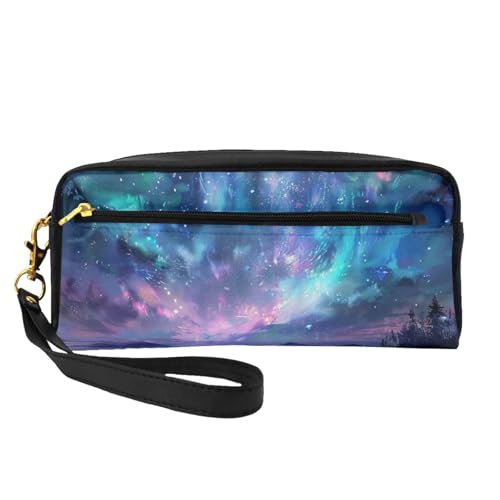 Northern Lights bedruckte Make-up-Tasche aus Leder mit Handschlaufe, tragbare Reise-Kulturbeutel, Kosmetik-Organizer-Tasche für Damen, Schwarz , Einheitsgröße, Kosmetiktasche von BNVSADC
