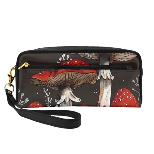 Rote Pilze 1 bedruckte Leder-Make-up-Tasche mit Handschlaufe, tragbare Reise-Kulturbeutel, Kosmetik-Organizer-Tasche für Damen, Schwarz , Einheitsgröße, Kosmetiktasche von BNVSADC