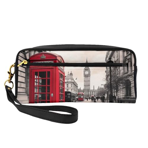Rote Telefonzelle London Street bedruckte Leder-Make-up-Tasche mit Handschlaufe, tragbare Reise-Kulturbeutel, Kosmetik-Organizer-Tasche für Damen, Schwarz , Einheitsgröße, Kosmetiktasche von BNVSADC