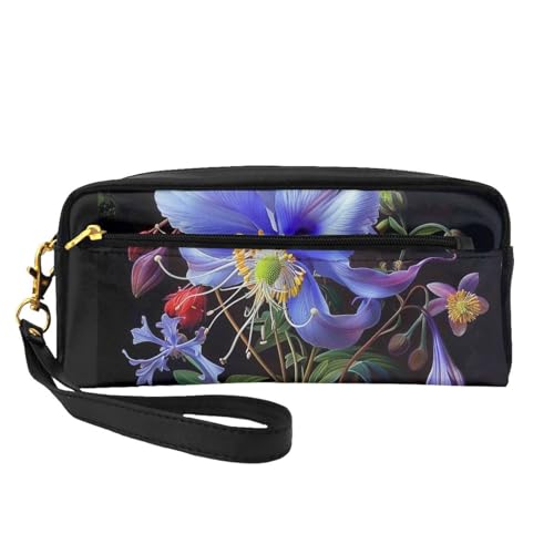Schöne Blumen 1 bedruckte Leder-Make-up-Tasche mit Handschlaufe, tragbare Reise-Kulturbeutel, Kosmetik-Organizer-Tasche für Damen, Schwarz , Einheitsgröße, Kosmetiktasche von BNVSADC