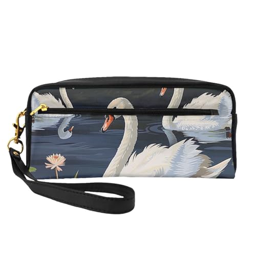 Schöne weiße Schwäne auf dem See, bedruckte Leder-Make-up-Tasche mit Handschlaufe, tragbare Reise-Kulturbeutel, Kosmetik-Organizer-Tasche für Damen, Schwarz , Einheitsgröße, Kosmetiktasche von BNVSADC
