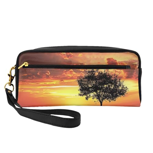 Sport-Make-up-Tasche mit Handschlaufe, Motiv: Sonnenuntergang, Baum, Leder, tragbar, Reise-Kulturbeutel, Kosmetik-Organizer-Tasche für Damen, Schwarz , Einheitsgröße, Kosmetiktasche von BNVSADC