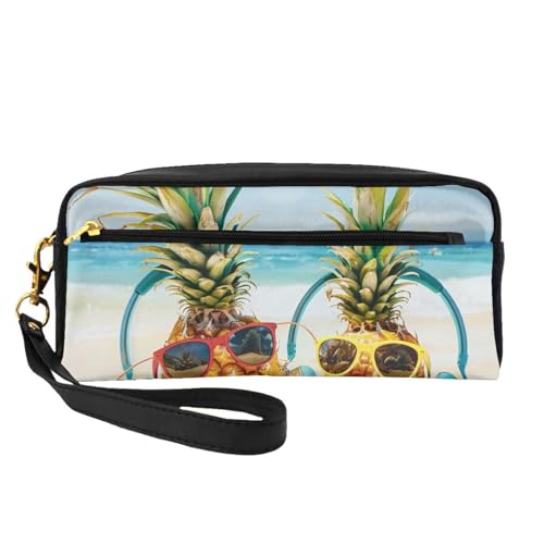 Strand-Make-up-Tasche aus Leder mit Ananas-Motiv, mit Handgelenkschlaufe, tragbar, Reise-Kulturbeutel, Kosmetik-Organizer-Tasche für Damen, Schwarz , Einheitsgröße, Kosmetiktasche von BNVSADC