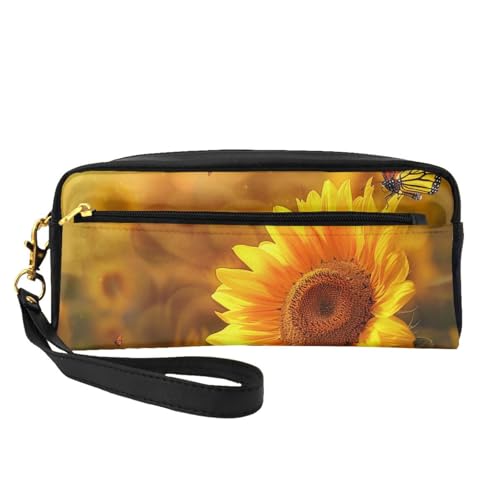 Sunny Make-up-Tasche aus Leder mit Sonnenblumen- und Schmetterlingsmotiv, mit Handschlaufe, tragbare Reise-Kulturbeutel, Kosmetik-Organizer-Tasche für Damen, Schwarz , Einheitsgröße, Kosmetiktasche von BNVSADC