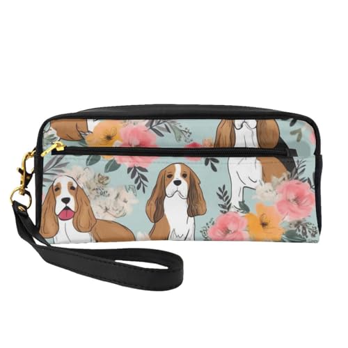 Sweet Basset Hound Florals bedruckte Make-up-Tasche aus Leder mit Handschlaufe, tragbare Reise-Kulturbeutel, Kosmetik-Organizer-Tasche für Damen, Schwarz , Einheitsgröße, Kosmetiktasche von BNVSADC