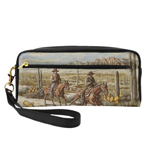West Desert Cowboys Reitpferde bedruckte Leder-Make-up-Tasche mit Handschlaufe, tragbare Reise-Kulturbeutel, Kosmetik-Organizer-Tasche für Damen, Schwarz , Einheitsgröße, Kosmetiktasche von BNVSADC