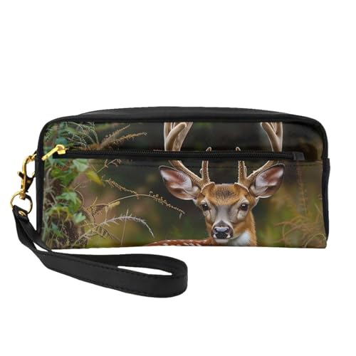 Whitetail Rehkitz in der Wildnis Hirsch bedruckte Leder-Make-up-Tasche mit Handschlaufe, tragbare Reise-Kulturbeutel, Kosmetik-Organizer-Tasche für Damen, Schwarz , Einheitsgröße, Kosmetiktasche von BNVSADC