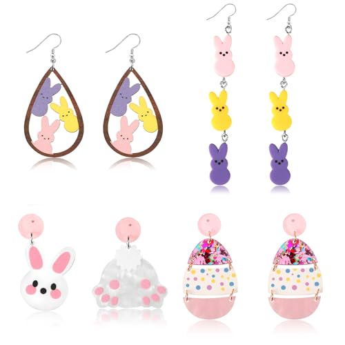 BOARDFEB 4 Stück Osterohrringe für Frauen, Hasen, baumelnde Ohrringe, Regenbogen-Ei, baumelnde Ohrringe, süßer Kaninchen-Osterschmuck von BOARDFEB