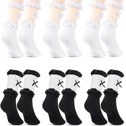 BOARDFEB Rüschen Socken, 6 Paar Socken mit Rüschen Damen Schwarz Weiß Rüschensöckchen Damen Set Ballettsocken Baumwollsocken für Damen Mädchen von BOARDFEB
