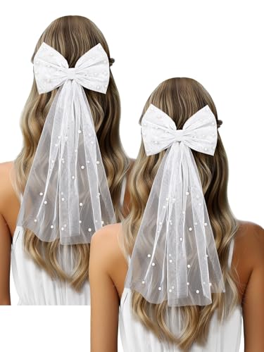 BOARDFEB Schleier Braut, 2 Stück Weißer Perlen Schleier mit Hochzeiten Brautjungfern Kurze Schleier Tüll Braut Haare Accessoires für Frauen Mädchen Party Dekorationen von BOARDFEB