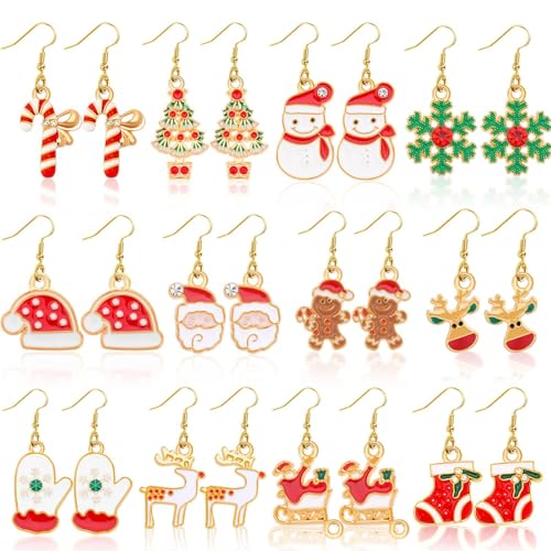 BOARDFEB Weihnachten Ohrringe Set - 12 Paar Weihnachtsmann, Schneemann, Schneeflocke Ohrstecker für Damen von BOARDFEB