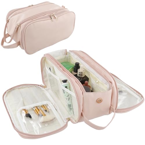 Reise -Make -up -Tasche große Kapazität Tragbarer Kosmetikbeutel PU Leder wasserdichtes Make -up -Beutel mit 3 separaten Fächern Großer Öffnungs -Toilettenbeutel für Frauen, die Reisen BOBASH(Rosa) von BOBASH