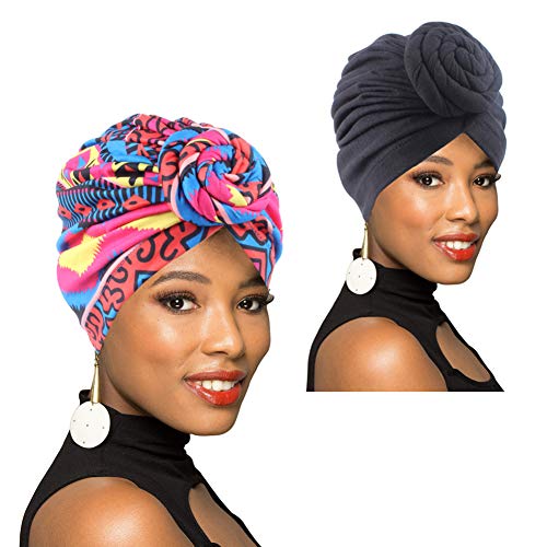 1 Pack/2 Packs/4 Packungen Damen-Turban mit afrikanischem Muster, Knoten, Kopfbedeckung, vorgebundene Haube, Chemo-Kappe, Haarausfall-Mütze, A3, 2 Packungen, Einheitsgröße von BOBIBI