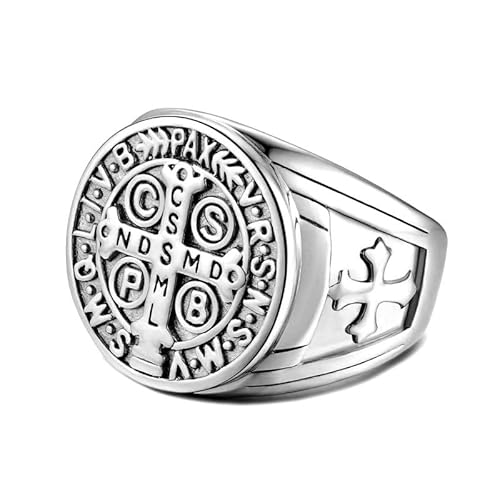 BOBIJOO JEWELRY - Bague Chevalière Homme Croix Saint Benoît Protection Démon Acier Argenté Brut - 21,6 (12 US) von BOBIJOO JEWELRY