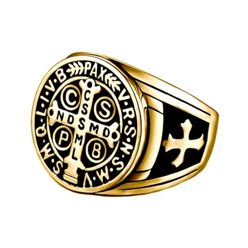 BOBIJOO JEWELRY - Bague Chevalière Homme Croix Saint Benoît Protection Démon Acier Plaqué Or Noir - 22,6 (13 US) von BOBIJOO JEWELRY