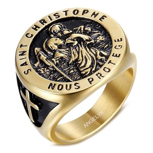 BOBIJOO JEWELRY - Bague Chevalière Homme Saint Christophe Patron des Voyageurs Acier inoxydable Or Noire - 21,6 (12 US) von BOBIJOO JEWELRY