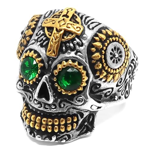BOBIJOO JEWELRY - Bague Chevalière Homme Tête de Mort Biker Maya Dorée Croix Acier Or Argenté Vert - 17,8 (7 US) von BOBIJOO JEWELRY