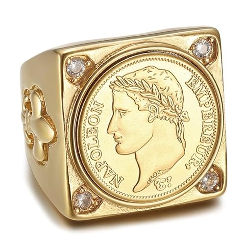 BOBIJOO JEWELRY - Bague Chevalière Napoléon 1er 1812 Réplique Carrée Acier inoxydable Faux Diamant Doré Or - 21,6 (12 US) von BOBIJOO JEWELRY