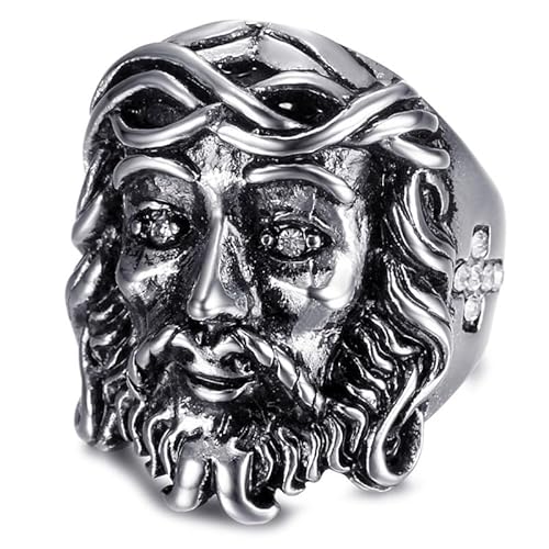 BOBIJOO JEWELRY - Bague Chevalière Tête Jésus Strass Croix Faux Diamants Christ Argenté Acier - 18,5 (8 US) von BOBIJOO JEWELRY