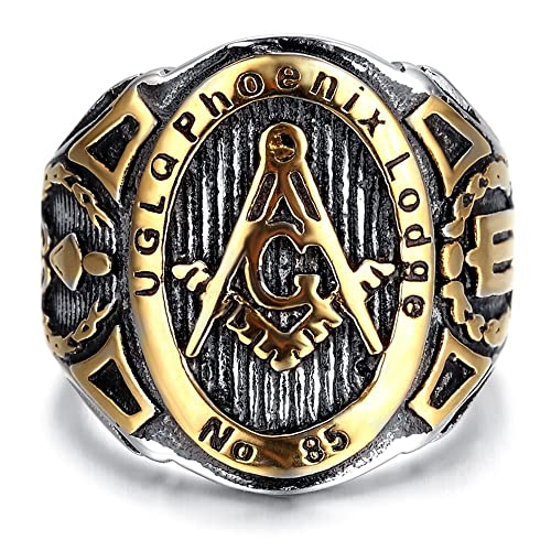 BOBIJOO JEWELRY - Chevalière Bague Franc-Maçonnerie UGLQ Phoenix LOGDE 85 Acier Doré Or Fin Maître - 21 (11 US) von BOBIJOO JEWELRY