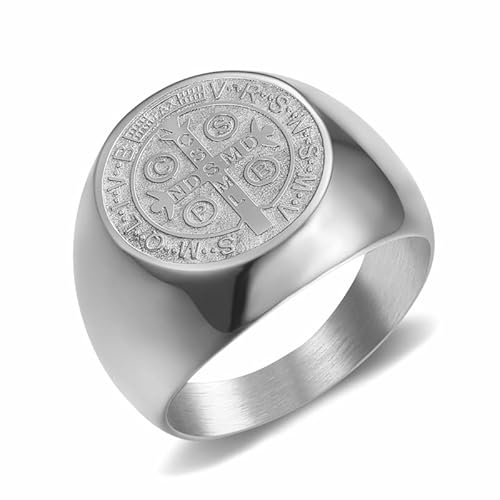 BOBIJOO JEWELRY - Chevalière Bague Homme Médaille Saint-Benoît de Nursie Protection Acier Argenté - 22,6 (13 US) von BOBIJOO JEWELRY
