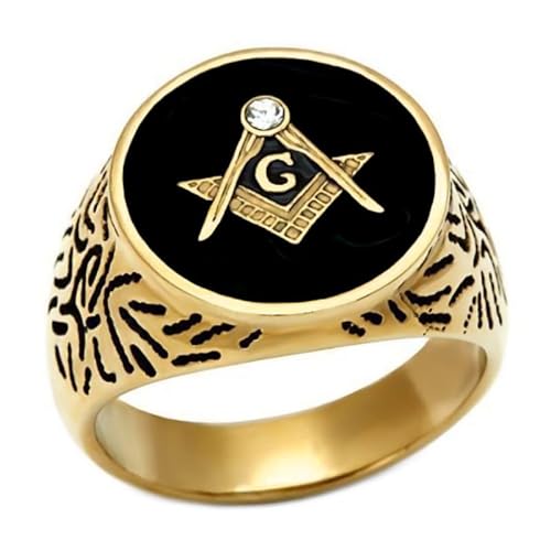 BOBIJOO JEWELRY - Grosse Bague Chevalière Homme Loge FM Maçonnique Acier 316L Email Noir Doré Or Plaqué - 23,2 (14 US) von BOBIJOO JEWELRY
