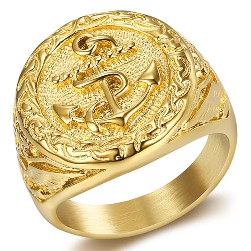 BOBIJOO JEWELRY - Imposante Bague Chevalière Ronde Homme Acier INOX 316 Or Doré Ancre Marine Aigle - 18,5 (8 US) von BOBIJOO JEWELRY