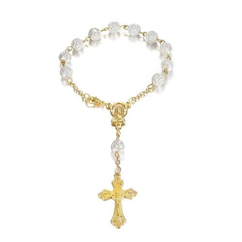 BOBIJOO JEWELRY - Mini Chapelet Voiture Camion Bracelet Marie Vierge Croix Pendentif Or et Roses blanches von BOBIJOO JEWELRY