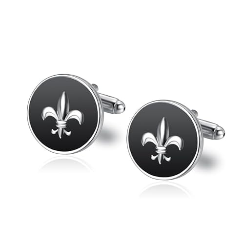 BOBIJOO JEWELRY - Paire Boutons de Manchette Rond Email Noir Argenté Fleur de Lys Royaliste Templier Patriote von BOBIJOO JEWELRY