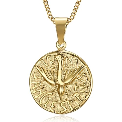 BOBIJOO JEWELRY - Pendentif Collier Médaille Veni Sancte Spiritus Saint Esprit Acier Doré Or Plaqué Chaîne von BOBIJOO JEWELRY