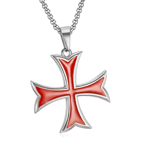 BOBIJOO JEWELRY - Pendentif Collier Templier Croix Pattée Huit Pointes Rentrées Acier 316L Argenté Email Rouge Chaîne von BOBIJOO JEWELRY