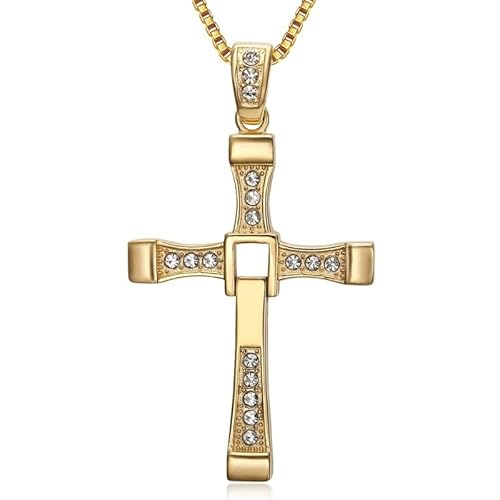 BOBIJOO Jewelry Halskette mit Kreuz-Anhänger, inspiriert von Vin Diesel, Fast and Furious, Edelstahl, goldfarben, One size, Edelstahl von BOBIJOO JEWELRY