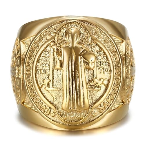 BOBIJOO JEWELRY - Bague Saint-Benoît Homme en Acier inoxydable Doré Or - Chevalière Spirituelle Élégante - 17,8 (7 US) von BOBIJOO JEWELRY
