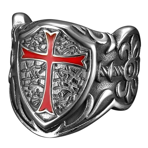 BOBIJOO Jewelry - Siegelring Tempelritter Wappen Schild Ritter Kreuz rot Edelstahl Silber, Edelstahl von BOBIJOO JEWELRY