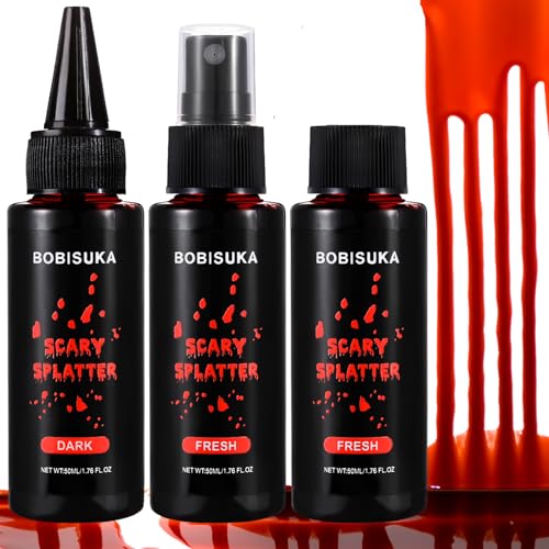 BOBISUKA Halloween Kunstblut 3er-Pack: 1 Abgefülltes Fake Blood + 1 Kunstblut Spray + 1 Tropfendes Kunstblut Realistisch, Abwaschbar und Sicher für Karneval, Film, Theater, Unfug, Simulierte Wunden von BOBISUKA